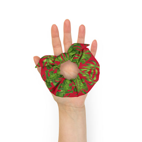 Red Green Tropical Scrunchie, Hawaiian Style Tropical Leaves Print 1-Size 2" Diameter Wide Elastic Stretchy Premium Women's Large Hair Stylish Accessories With Cute Japanese Style Bow Detail-Made in USA/EU 