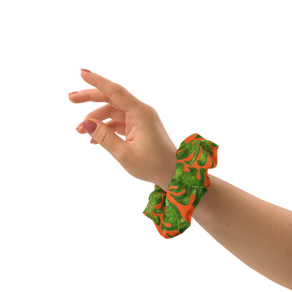 Orange Green Tropical Scrunchie, Hawaiian Style Tropical Leaves Print 1-Size 2" Diameter Wide Elastic Stretchy Premium Women's Large Hair Stylish Accessories With Cute Japanese Style Bow Detail-Made in USA/EU 