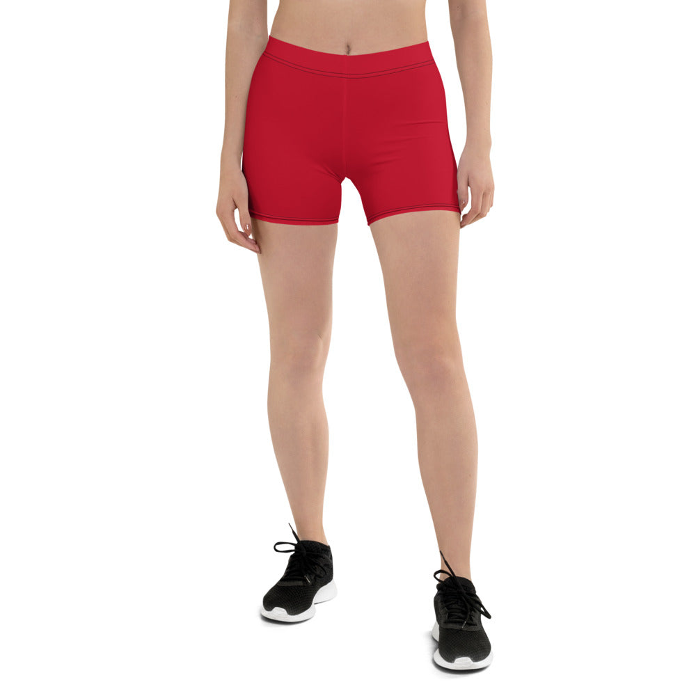 Red Solid Color Yoga Shorts, Bright Colorful Women's Gym Rider Biker Modern Minimalist Essential Designer Premium Quality Women's High Waist Spandex Fitness Workout Yoga Shorts, Yoga Tights, Fashion Gym Quick Drying Short Pants With Pockets - Made in USA/EU/MX (US Size: XS-XL)