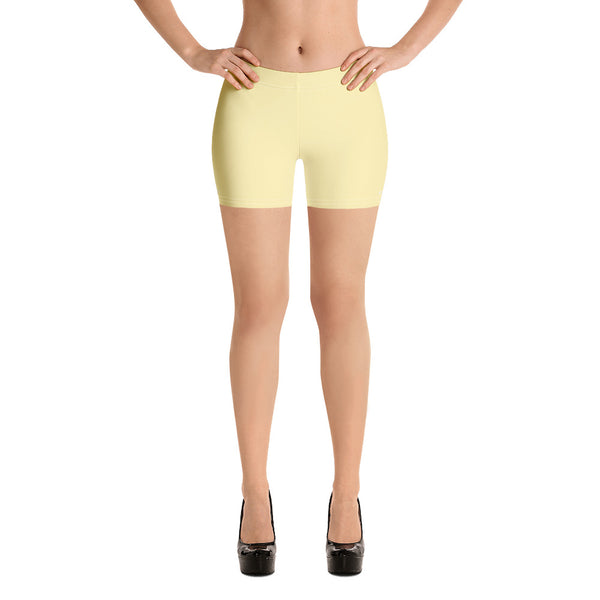 Pastel Yellow Women's Shorts, Light Yellow Solid Color Modern Essentials Designer Women's Elastic Stretchy Shorts Short Tights -Made in USA/EU/MX (US Size: XS-3XL) Plus Size Available, Tight Pants, Pants and Tights, Womens Shorts, Short Yoga Pants