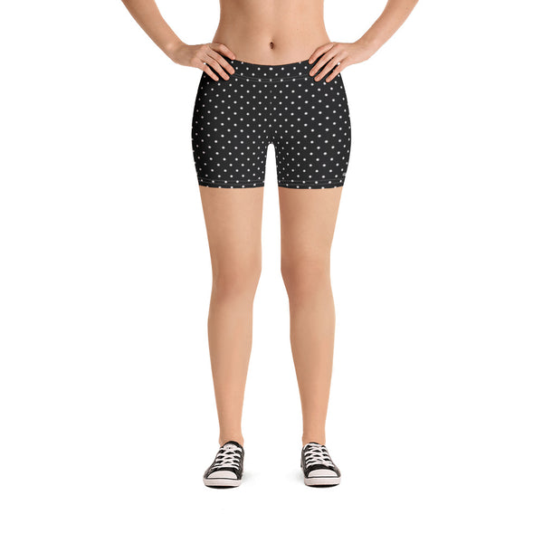 Black Dotted Women's Shorts, White Polka Dots Classic Printed Women's Elastic Stretchy Shorts Short Tights -Made in USA/EU/MX (US Size: XS-3XL) Plus Size Available, Tight Pants, Pants and Tights, Womens Shorts, Short Yoga Pants