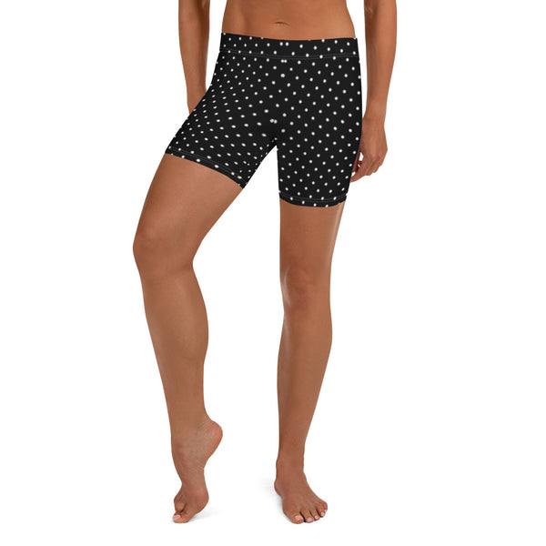 Black Dotted Women's Shorts, White Polka Dots Classic Printed Women's Elastic Stretchy Shorts Short Tights -Made in USA/EU/MX (US Size: XS-3XL) Plus Size Available, Tight Pants, Pants and Tights, Womens Shorts, Short Yoga Pants