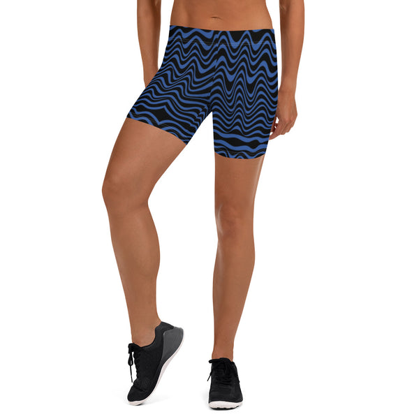 Black Blue Curvy Shorts, Abstract Wavy Women's Elastic Stretchy Shorts Short Tights -Made in USA/EU/MX (US Size: XS-3XL) Plus Size Available, Tight Pants, Pants and Tights, Womens Shorts, Short Yoga Pants