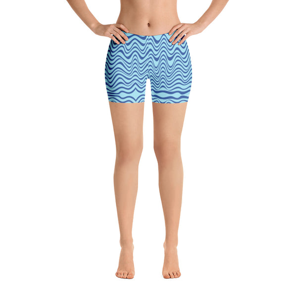 Blue Curvy Women's Shorts, Light Blue Designer Wavy Abstract Women's Elastic Stretchy Shorts Short Tights -Made in USA/EU/MX (US Size: XS-3XL) Plus Size Available, Tight Pants, Pants and Tights, Womens Shorts, Short Yoga Pants
