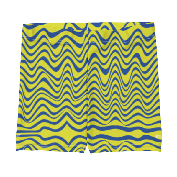 Yellow Curvy Women's Shorts, Wavy Blue Yellow Abstract Women's Elastic Stretchy Shorts Short Tights -Made in USA/EU/MX (US Size: XS-3XL) Plus Size Available, Tight Pants, Pants and Tights, Womens Shorts, Short Yoga Pants