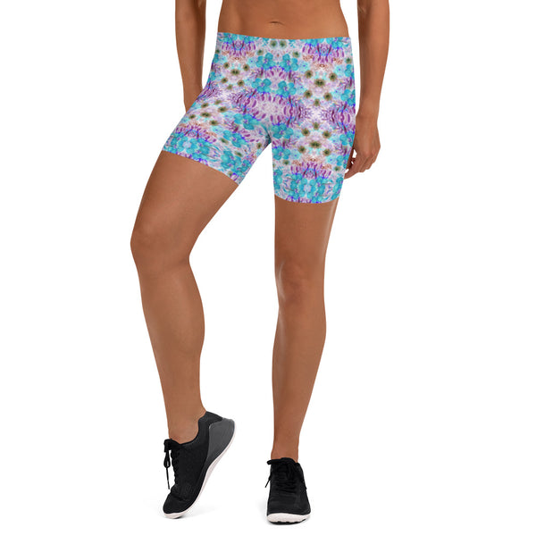 Floral Print Women's Shorts, Blue Purple Flower Print Modern Essentials Designer Women's Elastic Stretchy Shorts Short Tights -Made in USA/EU/MX (US Size: XS-3XL) Plus Size Available, Tight Pants, Pants and Tights, Womens Shorts, Short Yoga Pants