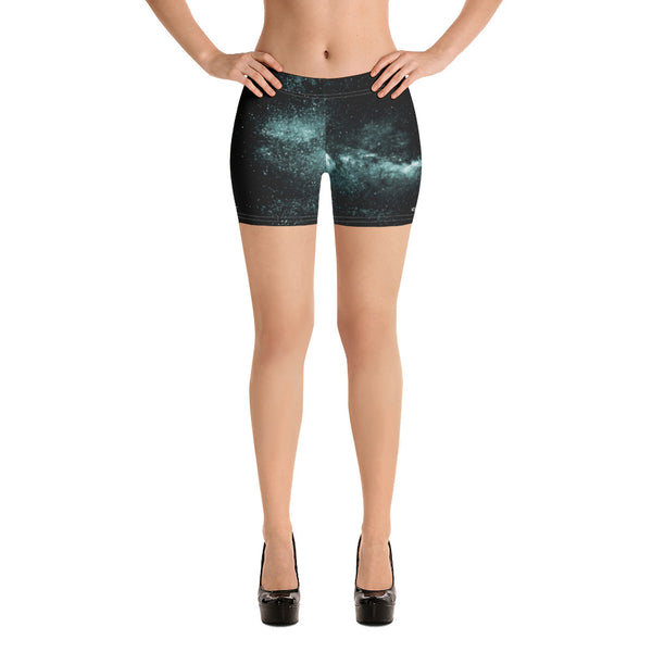 Blue Galaxy Women's Gym Shorts, Space Milky Way Cosmos Cosmic Astrology Space Printed Women's Elastic Stretchy Shorts Short Tights -Made in USA/EU/MX (US Size: XS-3XL) Plus Size Available, Tight Pants, Pants and Tights, Womens Shorts, Short Yoga Pants