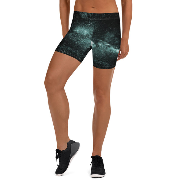 Blue Galaxy Women's Gym Shorts, Space Milky Way Cosmos Cosmic Astrology Space Printed Women's Elastic Stretchy Shorts Short Tights -Made in USA/EU/MX (US Size: XS-3XL) Plus Size Available, Tight Pants, Pants and Tights, Womens Shorts, Short Yoga Pants