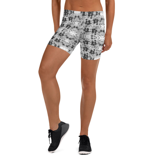 Grey Floral Women's Shorts, White Flower Print Modern Essentials Designer Women's Elastic Stretchy Shorts Short Tights -Made in USA/EU/MX (US Size: XS-3XL) Plus Size Available, Tight Pants, Pants and Tights, Womens Shorts, Short Yoga Pants