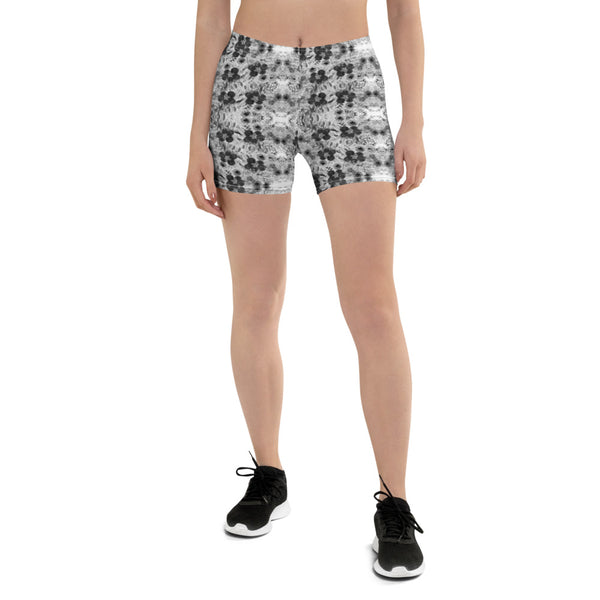 Grey Floral Women's Shorts, White Flower Print Modern Essentials Designer Women's Elastic Stretchy Shorts Short Tights -Made in USA/EU/MX (US Size: XS-3XL) Plus Size Available, Tight Pants, Pants and Tights, Womens Shorts, Short Yoga Pants