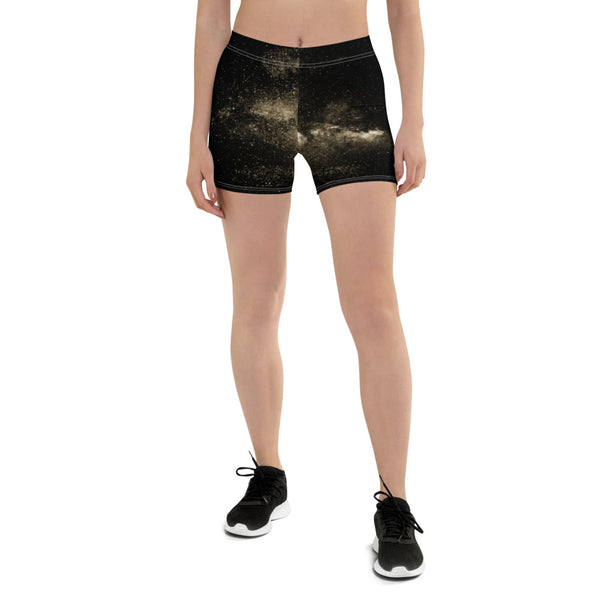 Yellow Galaxy Women's Shorts, Space Milky Way Astrology Gym Elastic Stretchy Shorts Short Tights -Made in USA/EU/MX (US Size: XS-3XL) Plus Size Available, Tight Pants, Pants and Tights, Womens Shorts, Short Yoga Pants