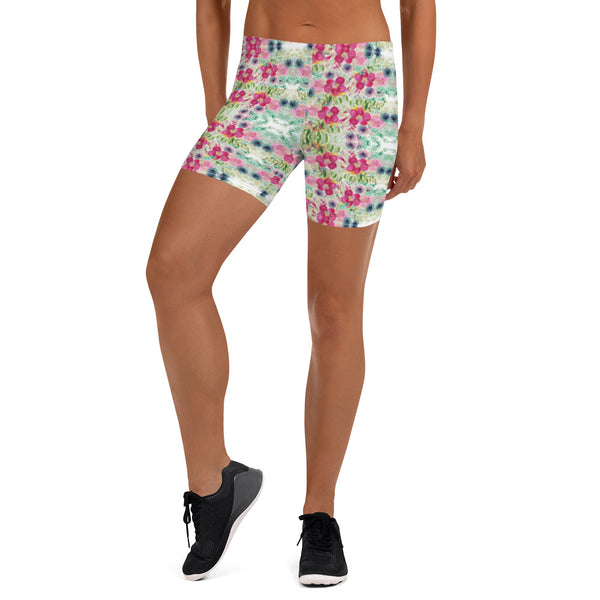 Floral Print Women's Shorts, Red Pink Flower Print Modern Essentials Designer Women's Elastic Stretchy Shorts Short Tights -Made in USA/EU/MX (US Size: XS-3XL) Plus Size Available, Tight Pants, Pants and Tights, Womens Shorts, Short Yoga Pants