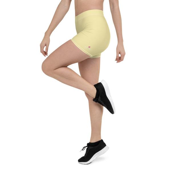 Pastel Yellow Women's Shorts, Light Yellow Solid Color Modern Essentials Designer Women's Elastic Stretchy Shorts Short Tights -Made in USA/EU/MX (US Size: XS-3XL) Plus Size Available, Tight Pants, Pants and Tights, Womens Shorts, Short Yoga Pants