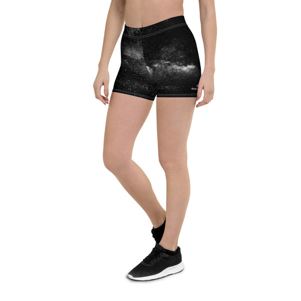 Black Galaxy Women's Shorts, Cosmic Milky Way Astrology Space Printed Women's Elastic Stretchy Shorts Short Tights -Made in USA/EU/MX (US Size: XS-3XL) Plus Size Available, Tight Pants, Pants and Tights, Womens Shorts, Short Yoga Pants