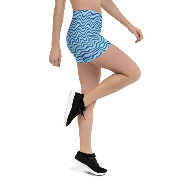 Blue Curvy Women's Shorts, Light Blue Designer Wavy Abstract Women's Elastic Stretchy Shorts Short Tights -Made in USA/EU/MX (US Size: XS-3XL) Plus Size Available, Tight Pants, Pants and Tights, Womens Shorts, Short Yoga Pants