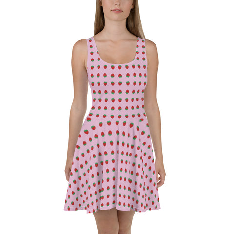 Pink Strawberry Print Skater Dress - Heidikimurart Limited  Pink Strawberry Print Skater Dress, Cute Strawberry Fruit Print Women's Designer Sleeveless Premium Quality Luxury Best Women's A-line Skater Dress - Made in USA/ MX/ EU (US Size: XS-3XL)