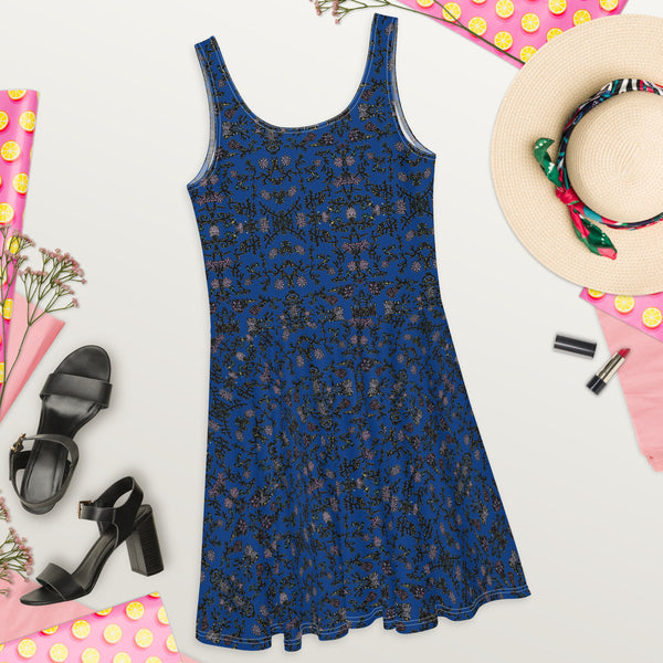 Blue Floral Print Skater Dress