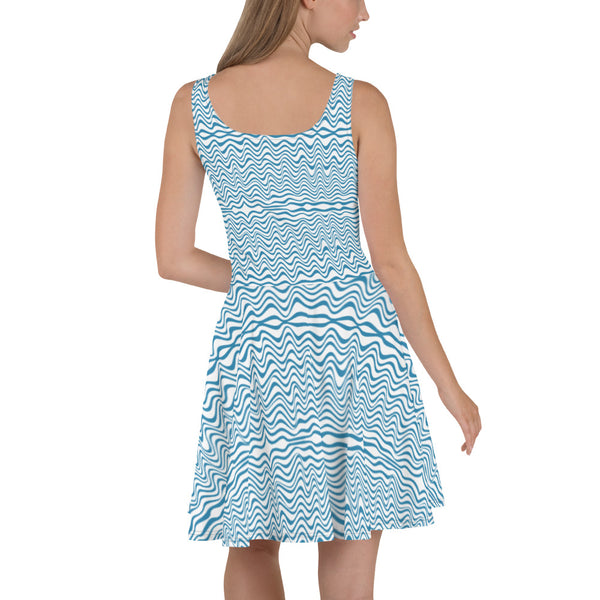 Blue Wavy Women's Skater Dress, Abstract Blue & White Colorful Waves Sleeveless Premium Quality Luxury Best Women's A-line Skater Dress - Made in USA/ MX/ EU (US Size: XS-3XL)