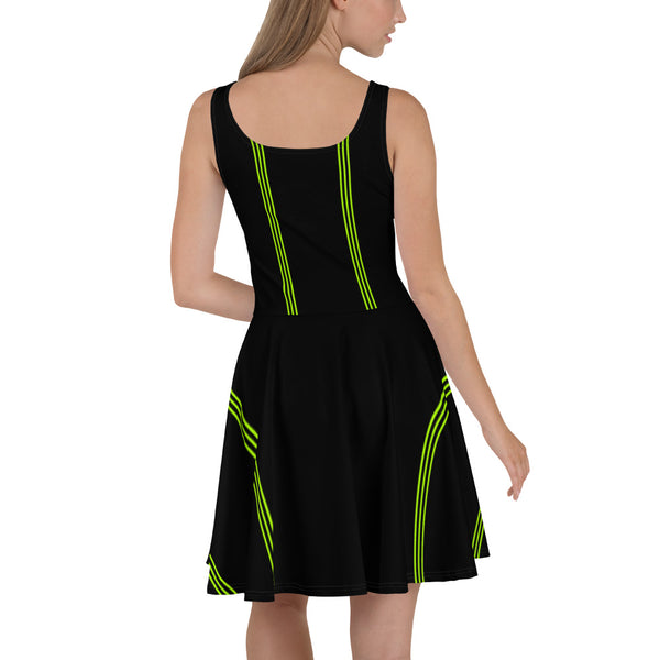 Black Green Striped Skater Dress, Vertical Stripes Women's Designer Sleeveless Premium Quality Luxury Best Women's A-line Skater Dress - Made in USA/ MX/ EU (US Size: XS-3XL)