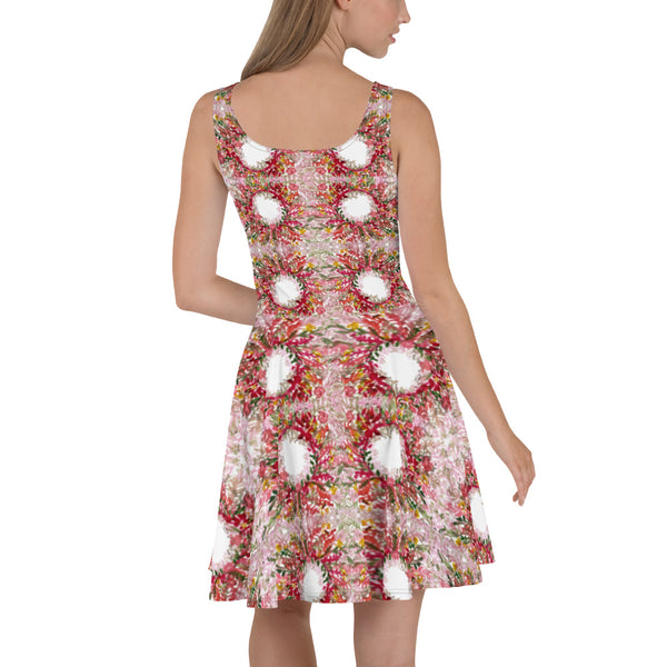 Red Floral Women's Skater Dress, Fall-Themed Flower Print Sleeveless A-line Dress-Made in USA/EU/MX