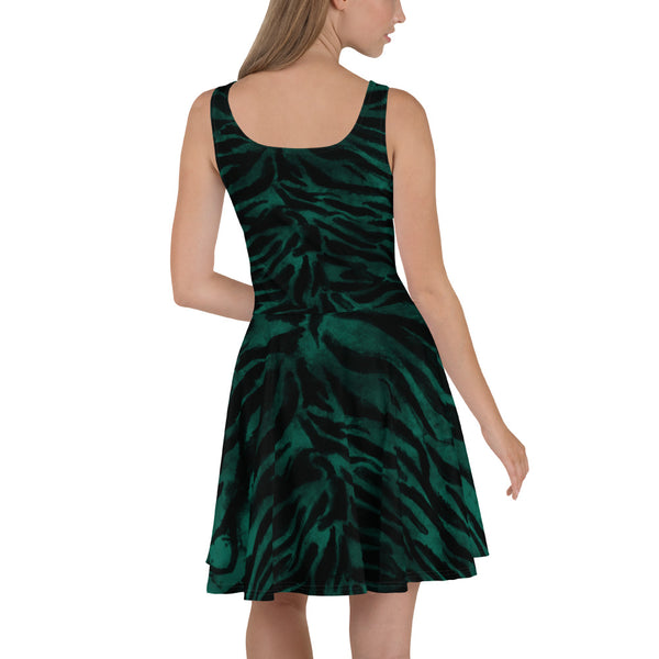 Green Tiger Striped Skater Dress, Green and Black Tiger Stripes Animal Print Premium Quality Luxury Best Women's A-line Skater Dress - Made in USA/ MX/ EU (US Size: XS-3XL)