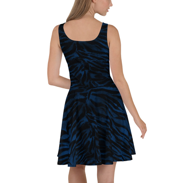Blue Tiger Striped Skater Dress, Blue Tiger Stripes Animal Print Premium Quality Luxury Best Women's A-line Skater Dress - Made in USA/ MX/ EU (US Size: XS-3XL)