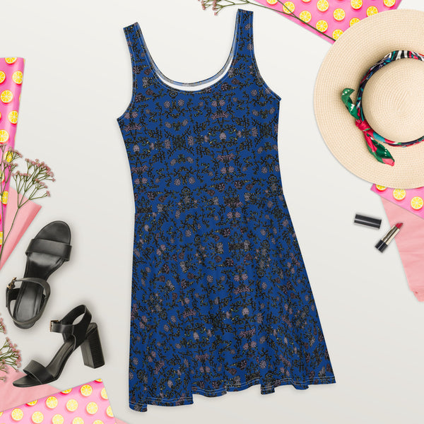 Blue Floral Print Skater Dress