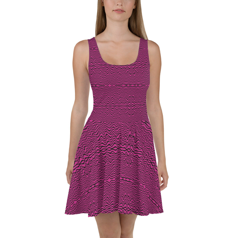 Pink Black Wavy Skater Dress, Abstract Colorful Waves Sleeveless Premium Quality Luxury Best Women's A-line Skater Dress - Made in USA/ MX/ EU (US Size: XS-3XL)