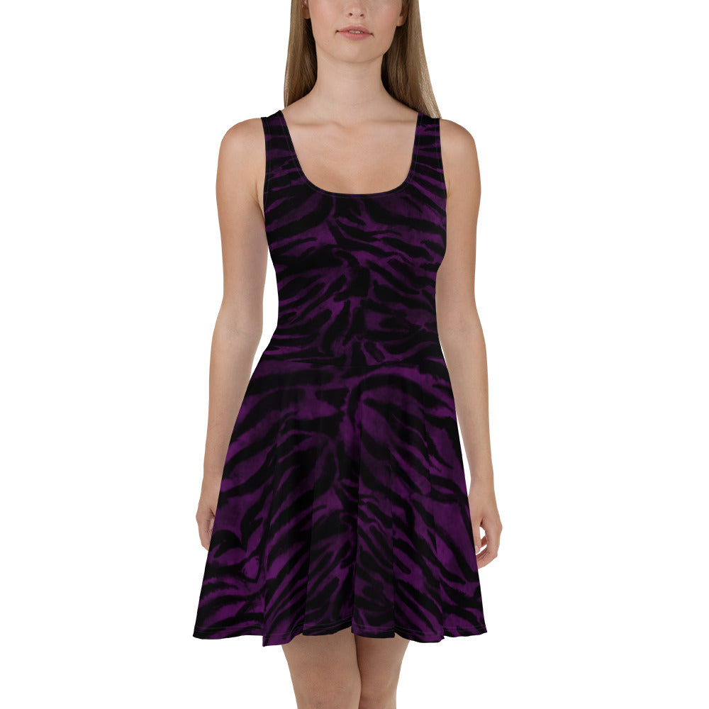 Purple Tiger Striped Skater Dress, Purple and Black Tiger Stripes Animal Print Premium Quality Luxury Best Women's A-line Skater Dress - Made in USA/ MX/ EU (US Size: XS-3XL)