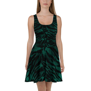 Green Tiger Striped Skater Dress, Green and Black Tiger Stripes Animal Print Premium Quality Luxury Best Women's A-line Skater Dress - Made in USA/ MX/ EU (US Size: XS-3XL)