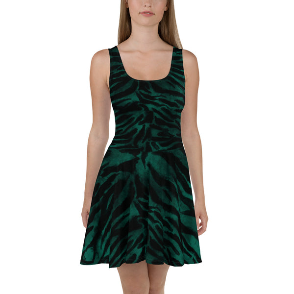 Green Tiger Striped Skater Dress, Green Black Animal Print Women's Skater Dress-Made in USA/EU | Heidikimurart Limited Green Tiger Striped Skater Dress, Green Black Animal Print Women's Skater Dress-Made in USA/EU | Heidikimurart Limited