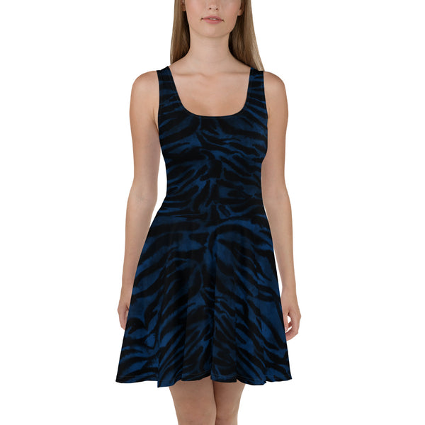 Blue Tiger Striped Skater Dress, Blue Tiger Stripes Animal Print Premium Quality Luxury Best Women's A-line Skater Dress - Made in USA/ MX/ EU (US Size: XS-3XL)