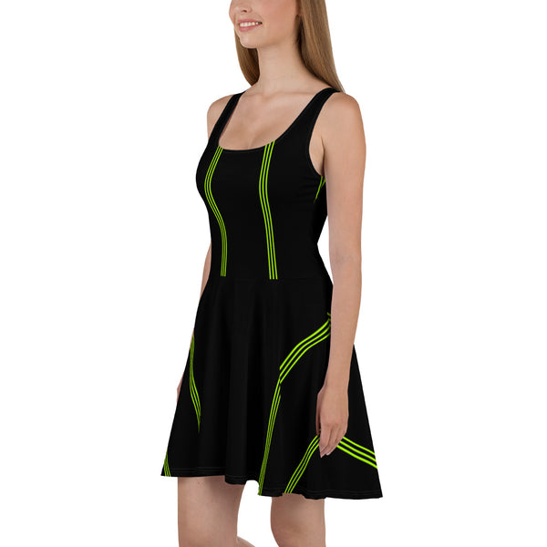 Black Green Striped Skater Dress, Vertical Stripes Women's Designer Sleeveless Premium Quality Luxury Best Women's A-line Skater Dress - Made in USA/ MX/ EU (US Size: XS-3XL)