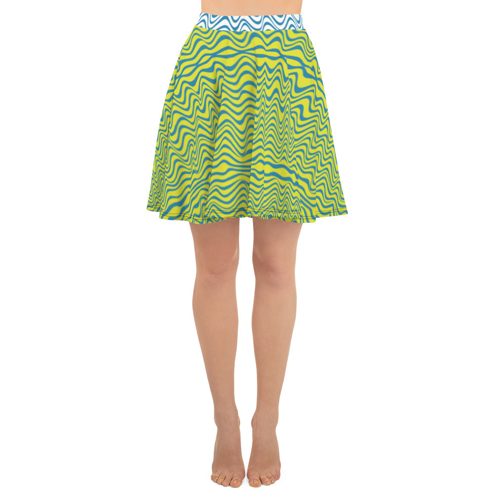 Blue Yellow Wavy Skater Skirt