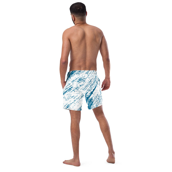 Blue Abstract Men's Swim Trunks, Blue and White Abstract Print Best Comfortable Men's Luxury Premium Swim Trunks With Mesh Pockets UPF 50+ For Men - Made in USA/EU/MX (US Size: 2XS-6XL) Men's Luxury Swimming Trunks, Best Quality Quick Drying Swim Trunks, Best Beach or Pool Men's Swim Trunks, Swimwear For Men