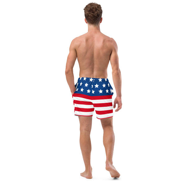 American Flag Men's Swim Trunks, Patriotic US Flag Best Comfortable Men's Luxury Premium Swim Trunks With Mesh Pockets UPF 50+ For Men - Made in USA/EU/MX (US Size: 2XS-6XL) Men's Luxury Swimming Trunks, Best Quality Quick Drying Swim Trunks, Best Beach or Pool Men's Swim Trunks, Swimwear For Men