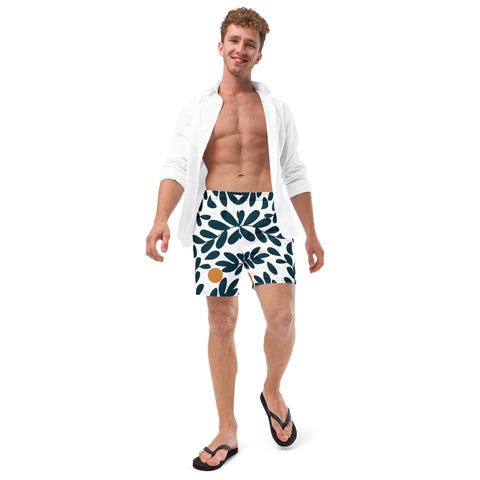 Green Floral Men's Swim Trunks, Tropical Leaves Print Abstract Print Best Comfortable Men's Luxury Premium Swim Trunks With Mesh Pockets UPF 50+ For Men - Made in USA/EU/MX (US Size: 2XS-6XL) Men's Luxury Swimming Trunks, Best Quality Quick Drying Swim Trunks, Best Beach or Pool Men's Swim Trunks, Swimwear For Men