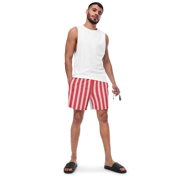 Red Pink Striped Men's Swimwear, Red Striped Best Comfortable Men's Luxury Premium Swim Trunks With Mesh Pockets UPF 50+ For Men - Made in USA/EU/MX (US Size: 2XS-6XL) Men's Vertical Stripes Print Swimming Trunks, Colorful Swim Trunks, Striped Swim Trunks, Striped Swimwear For Men