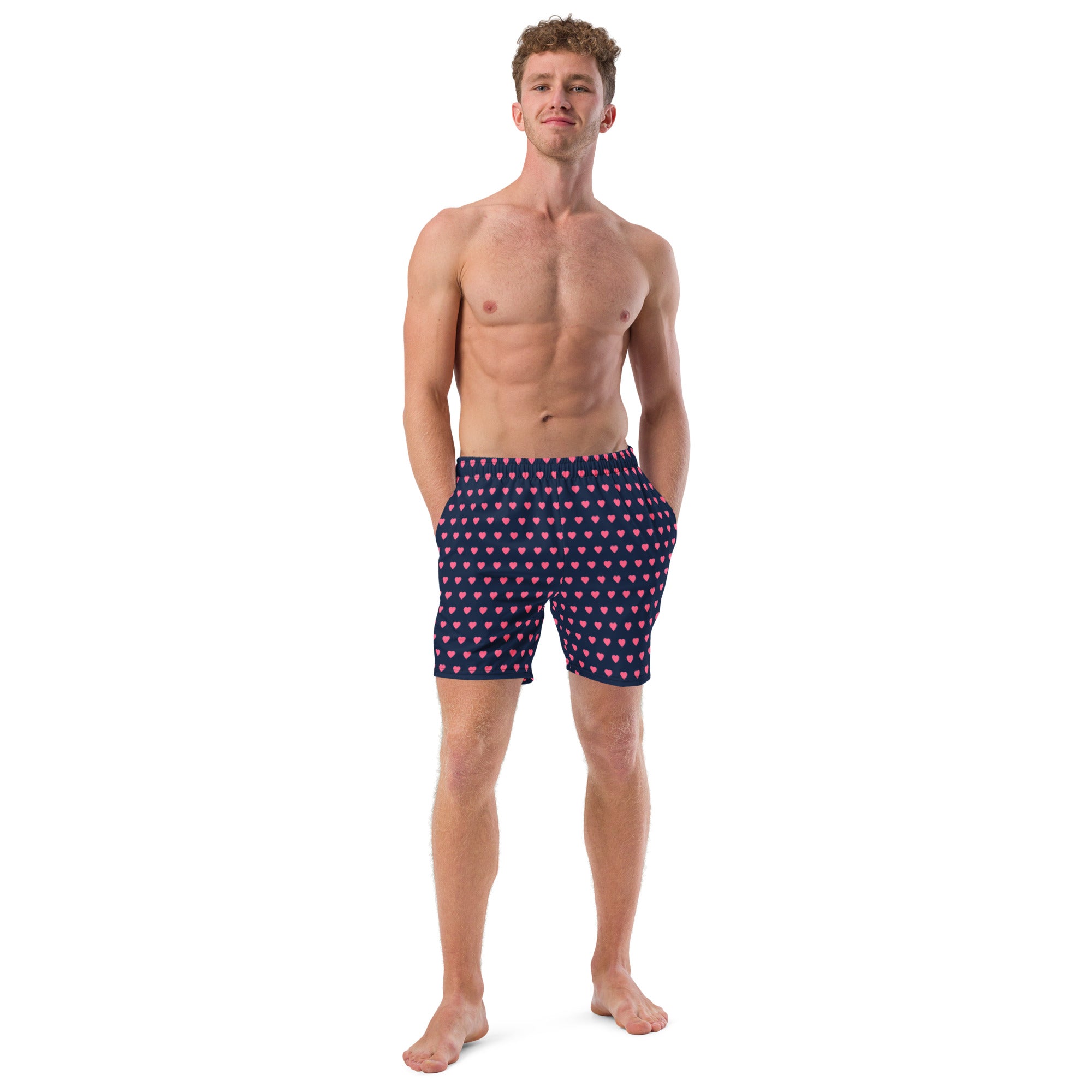 Pink Hearts Men's Swim Trunks, Valentine's Day Print Abstract Print Best Comfortable Men's Luxury Premium Swim Trunks With Mesh Pockets UPF 50+ For Men - Made in USA/EU/MX (US Size: 2XS-6XL) Men's Luxury Swimming Trunks, Best Quality Quick Drying Swim Trunks, Best Beach or Pool Men's Swim Trunks, Swimwear For Men