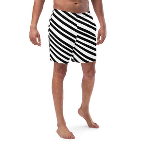 Black White Striped Men's Swimwear, White and Black Diagonally Striped Best Comfortable Men's Luxury Premium Swim Trunks With Mesh Pockets UPF 50+ For Men - Made in USA/EU/MX (US Size: 2XS-6XL) Men's Stripes Print Swimming Trunks, Colorful Swim Trunks, Striped Swim Trunks, Striped Swimwear For Men