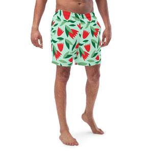 Green Floral Men's Swim Trunks, Red Floral Tropical Leaves Print Abstract Print Best Comfortable Men's Luxury Premium Swim Trunks With Mesh Pockets UPF 50+ For Men - Made in USA/EU/MX (US Size: 2XS-6XL) Men's Luxury Swimming Trunks, Best Quality Quick Drying Swim Trunks, Best Beach or Pool Men's Swim Trunks, Swimwear For Men