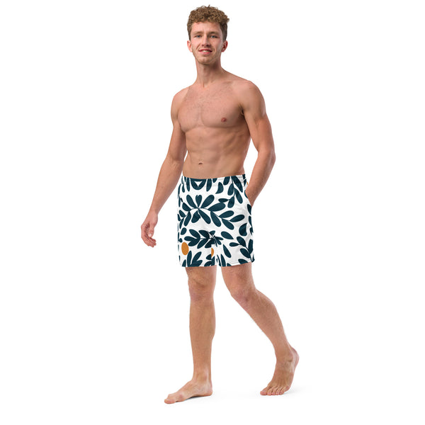 Green Floral Men's Swim Trunks, Tropical Leaves Print Abstract Print Best Comfortable Men's Luxury Premium Swim Trunks With Mesh Pockets UPF 50+ For Men - Made in USA/EU/MX (US Size: 2XS-6XL) Men's Luxury Swimming Trunks, Best Quality Quick Drying Swim Trunks, Best Beach or Pool Men's Swim Trunks, Swimwear For Men