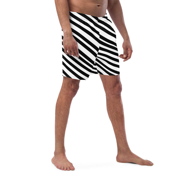 Black White Striped Men's Swimwear, White and Black Diagonally Striped Best Comfortable Men's Luxury Premium Swim Trunks With Mesh Pockets UPF 50+ For Men - Made in USA/EU/MX (US Size: 2XS-6XL) Men's Stripes Print Swimming Trunks, Colorful Swim Trunks, Striped Swim Trunks, Striped Swimwear For Men