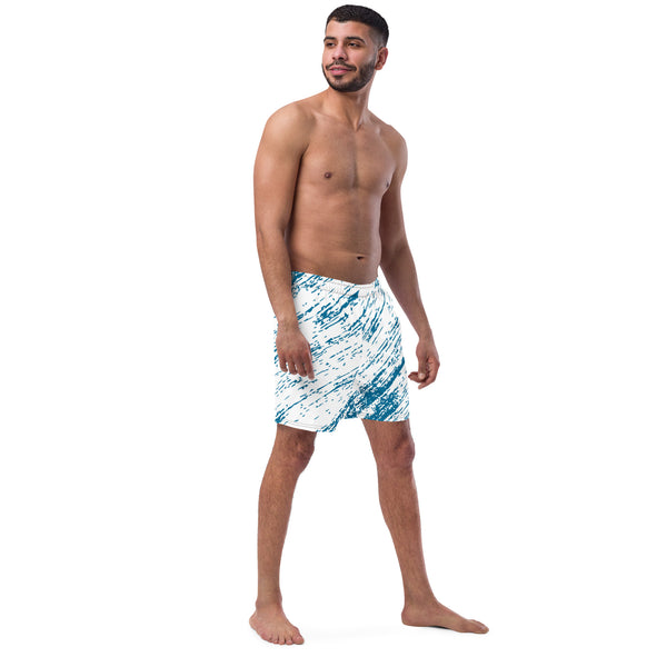 Blue Abstract Men's Swim Trunks, Blue and White Abstract Print Best Comfortable Men's Luxury Premium Swim Trunks With Mesh Pockets UPF 50+ For Men - Made in USA/EU/MX (US Size: 2XS-6XL) Men's Luxury Swimming Trunks, Best Quality Quick Drying Swim Trunks, Best Beach or Pool Men's Swim Trunks, Swimwear For Men