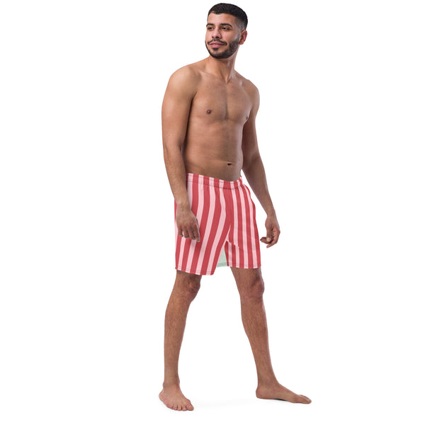 Red Pink Striped Men's Swimwear, Red Striped Best Comfortable Men's Luxury Premium Swim Trunks With Mesh Pockets UPF 50+ For Men - Made in USA/EU/MX (US Size: 2XS-6XL) Men's Vertical Stripes Print Swimming Trunks, Colorful Swim Trunks, Striped Swim Trunks, Striped Swimwear For Men