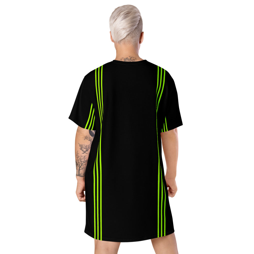 Black Green Striped T-Shirt Dress, Neon Green Stripes Women's Oversized Dress-Made in USA/EU | Heidikimurart Limited Black Green Striped T-Shirt Dress, Neon Green Stripes Women's Oversized Dress-Made in USA/EU | Heidikimurart Limited