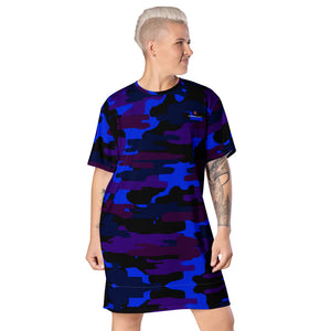 Purple Blue Camo T-shirt Dress, Army Military Print Women's Smooth Soft Stretchy Designer Premium Quality Best Oversize Fit Comfy Short Sleeves Dress - Made in USA/EU/MX (US Size: 2XL-6XL) Plus Size Available For Curvy Ladies