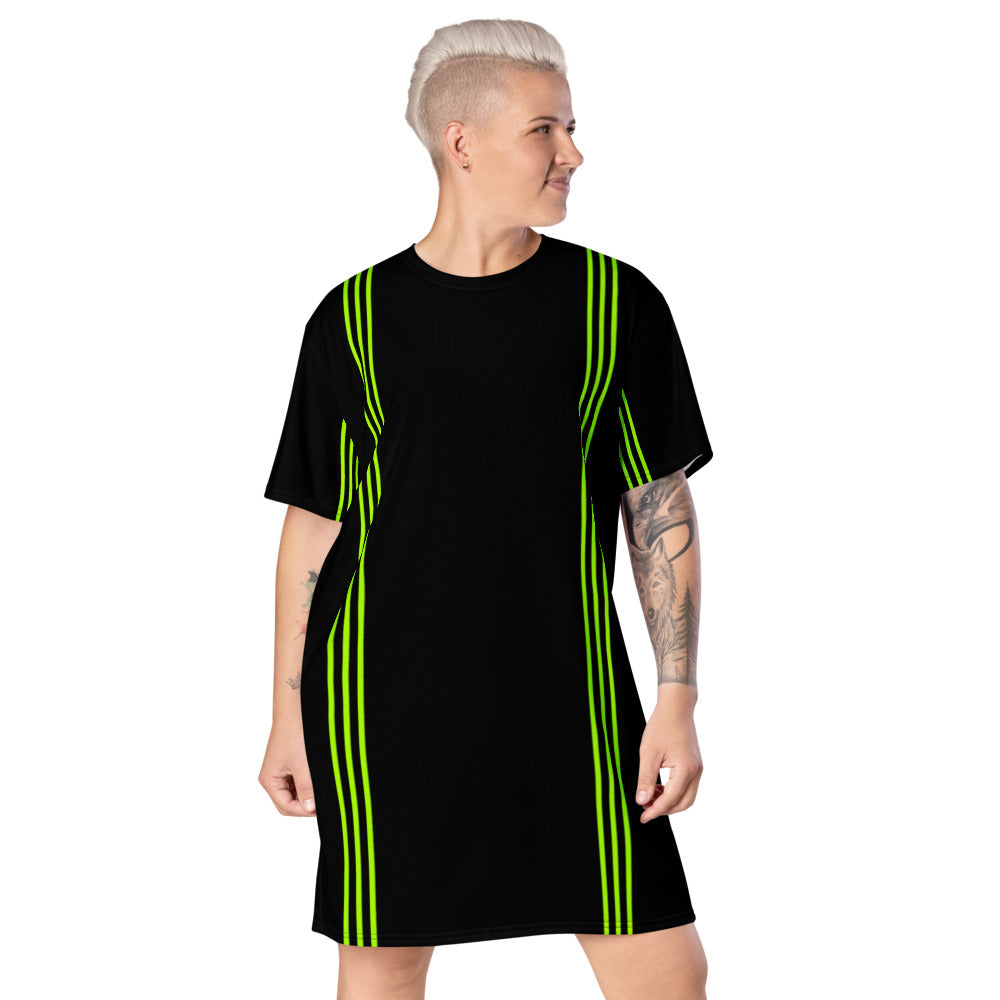 Black Green Striped T-Shirt Dress, Neon Green Stripes Women's