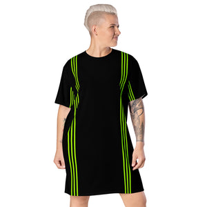Black Green Striped T-Shirt Dress, Neon Green Stripes Athletic Style Women's Smooth Soft Stretchy Designer Premium Quality Best Oversize Fit Comfy Short Sleeves Dress - Made in USA/EU/MX (US Size: 2XL-6XL) Plus Size Available For Curvy Ladies