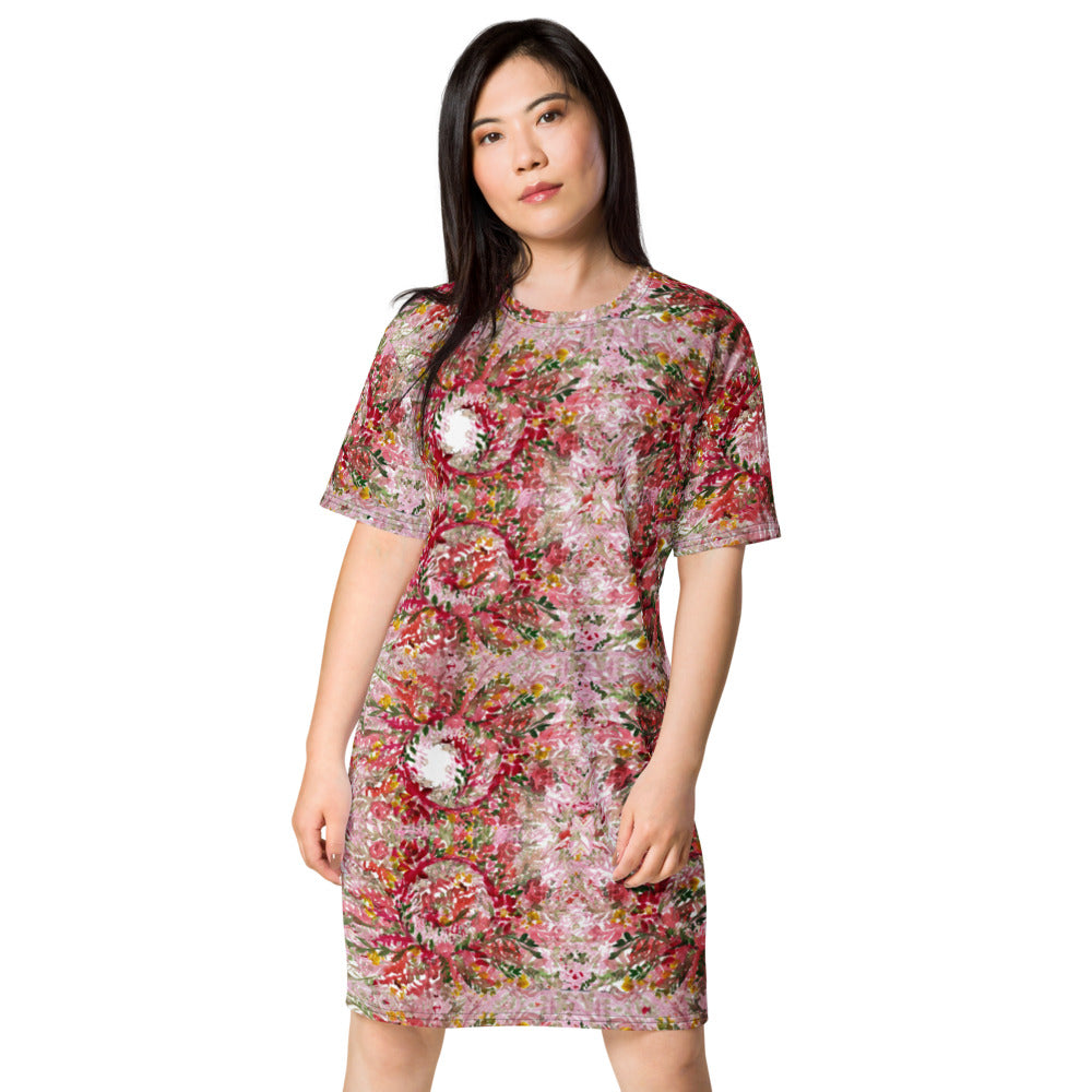slim fit dress slacks Red Flower T-shirt Dress, Circular Watercolor Fall Style Women's Oversized  Short Sleeves Dress